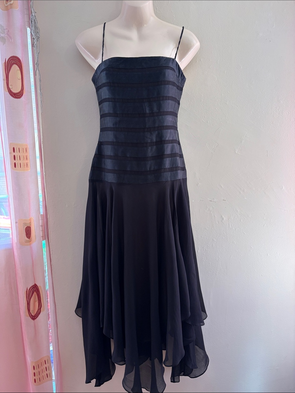 BCBGMaxAzria Black Striped Bodice High-Low Dress. 100.  Silk